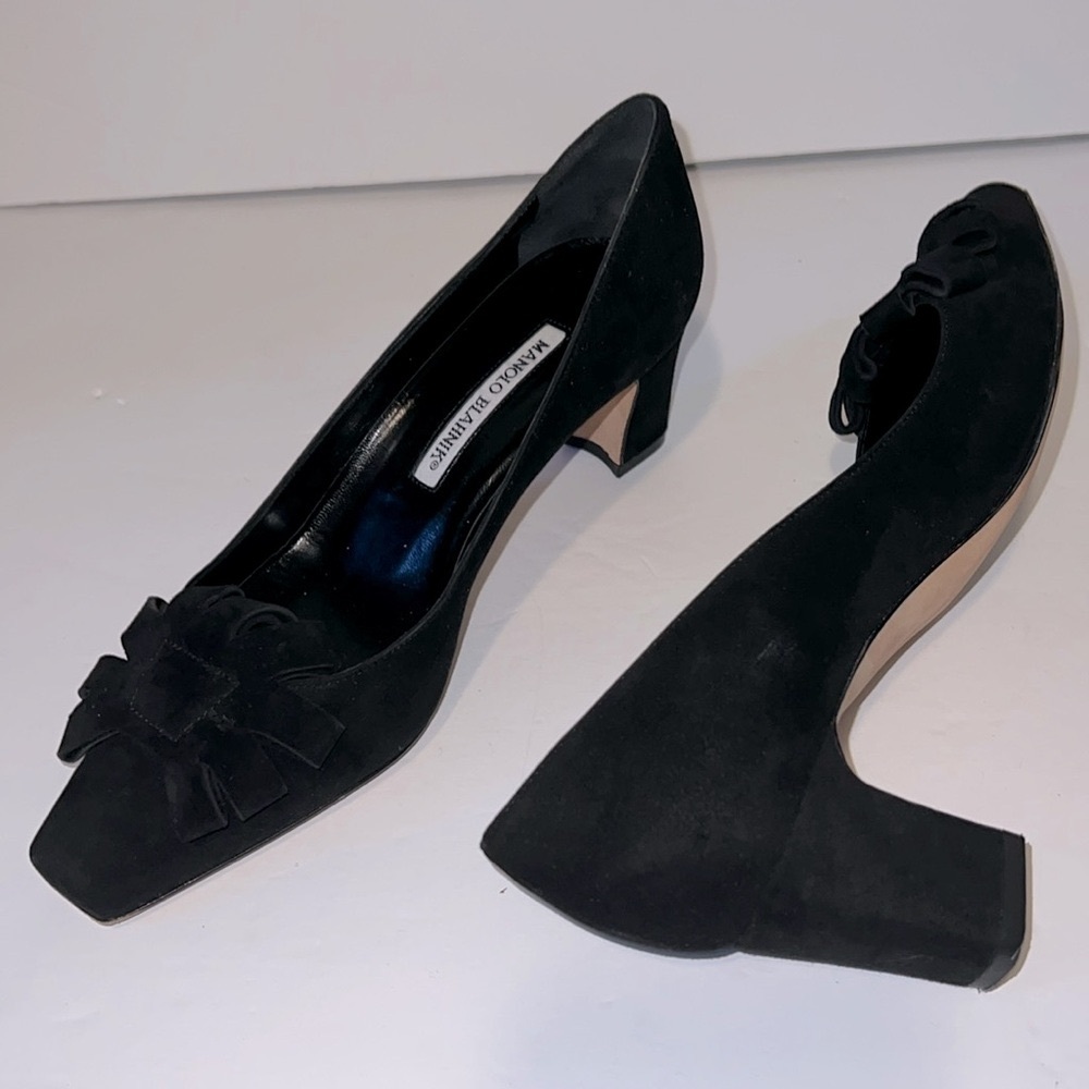 Manolo Blahnik Black Suede Block Heel with Bow Detail